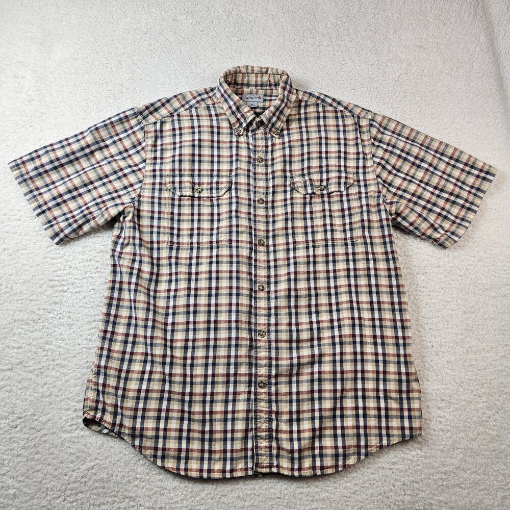 Carhartt Shirt Mens XL‎ Tan Blue Red Plaid Short Sleeve Chambray Business Wear
